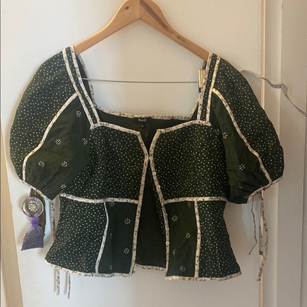 Madewell Green and Cream Puff Sleeve Peplum Blouse